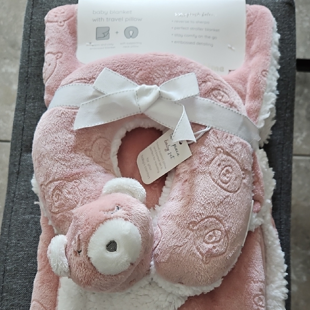 Pink Bear Baby Blanket with Travel Pillow Neck Pillow Toddler